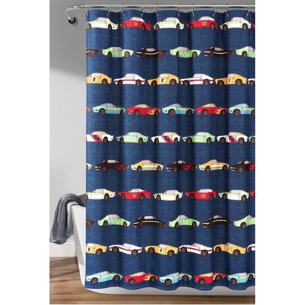 Lush Decor Race Cars Shower Curtain Navy Blue Red Green Automotive Theme NEW